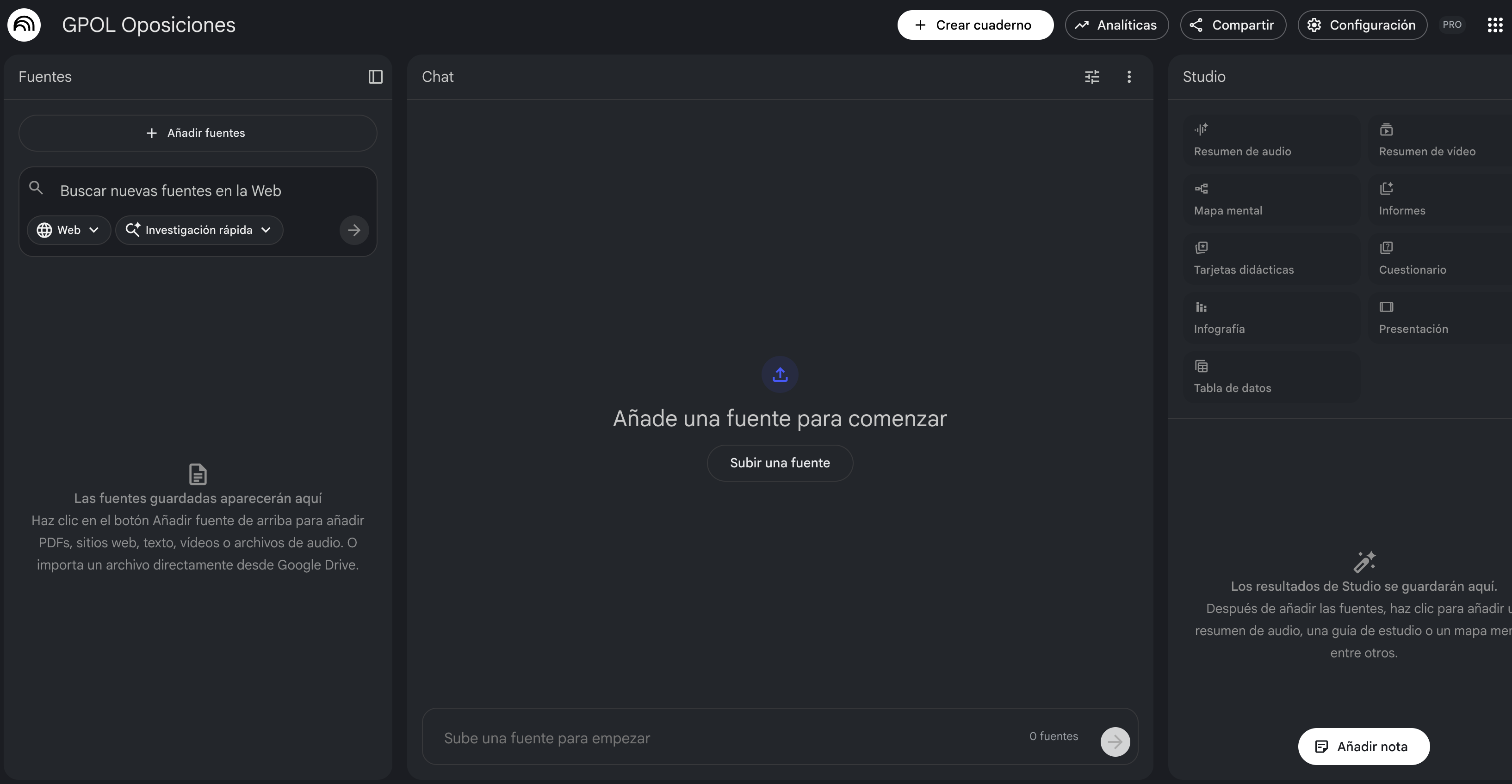 Captura de NotebookLM con materiales de estudio