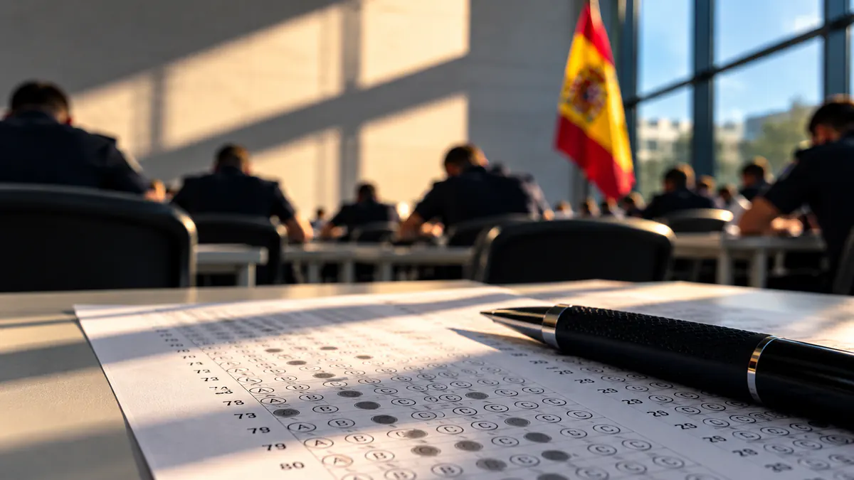 Hoja de respuestas y bolígrafo en un aula del examen de Policía Nacional